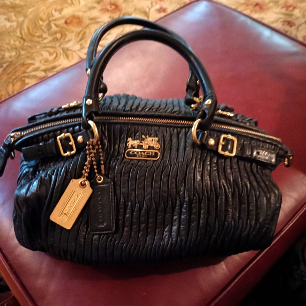 Coach Black Satchel with Gold Hardware and Textured Leather